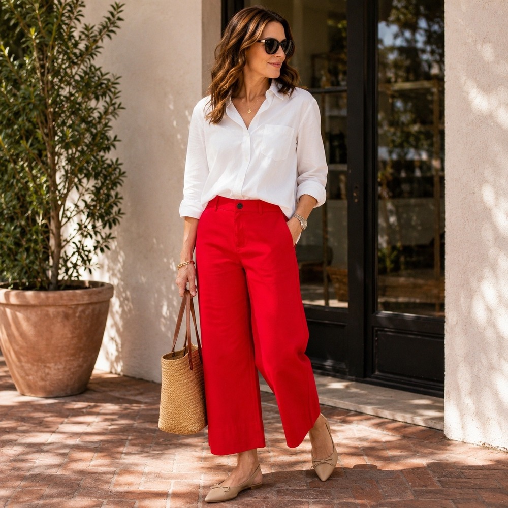 SPANX Supersmooth Stretch Twill Crop Wide Leg Pants Red XL High Rise